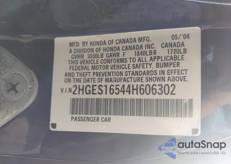 2004 Honda Civic Lx z USA, uszkodzony, nr VIN 2HGES16544H606302